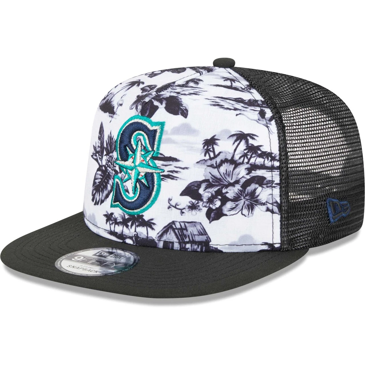 Men's Seattle Mariners New Era White/Black Vacay 2.0 A-Frame Trucker 9FIFTY Snapback Hat 1 Men's Seattle Mariners New Era White/Black Vacay 2.0 A-Frame Trucker 9FIFTY Snapback Hat