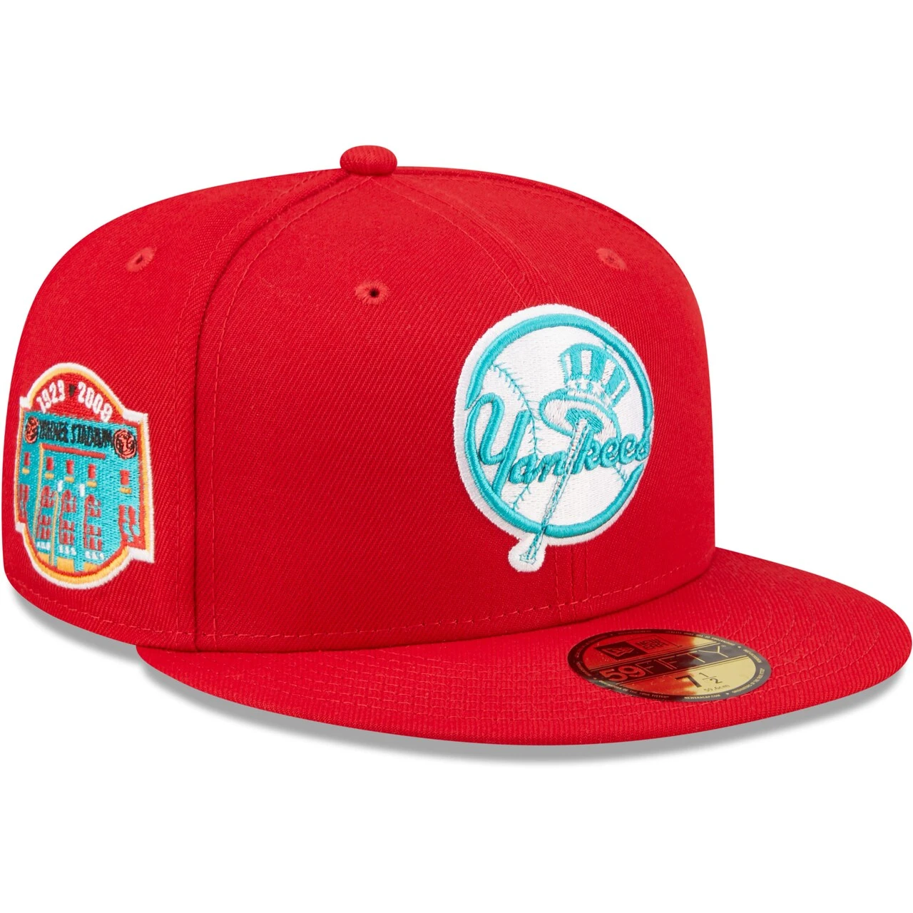 Men's New York Yankees New Era Scarlet Yankee Stadium Teal Undervisor 59FIFTY Fitted Hat 1 Men's New York Yankees New Era Scarlet Yankee Stadium Teal Undervisor 59FIFTY Fitted Hat